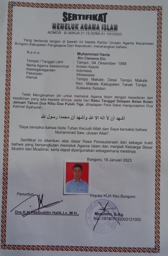 Sertifikat Memeluk Islam. (foto: ist/*)